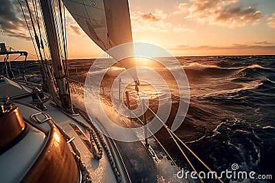 Sailing on the ocean, sunset. Waves bouncing off the boat Stock Photo