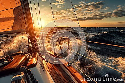 Sailing on the ocean, sunset. Waves bouncing off the boat Stock Photo
