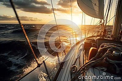 Sailing on the ocean, sunset. Waves bouncing off the boat Stock Photo