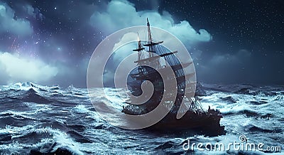 Sailing old ship instorm sea - night sky with crescent in the clouds. Pirate ghost ship AI generated Cartoon Illustration