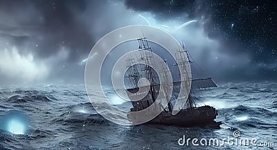 Sailing old ship instorm sea - night sky with crescent in the clouds. Pirate ghost ship AI generated Cartoon Illustration