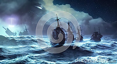 Sailing old ship instorm sea - night sky with crescent in the clouds. Pirate ghost ship AI generated Cartoon Illustration