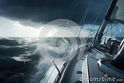 Sailing a sailboat or yacht on ocean during extreme storm with big waves, POV. Generative AI Stock Photo