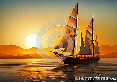 Sailing ship on calm tranquil waters,with the sun reflecting in the sea Stock Photo