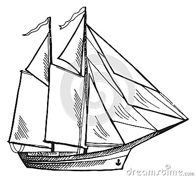 Sailing ship engraving. Hand drawn brigantine icon Vector Illustration