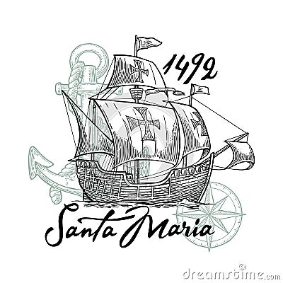 Sailing ship floating on the sea waves. Caravel Santa Maria. Vector Illustration