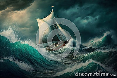 Sailing ship in a giant storm with crashing waves. Sailing Boat inside a Giant Storm dramatic scene. Ai generated Cartoon Illustration