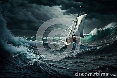 Sailing ship in a giant storm with crashing waves. Sailing Boat inside a Giant Storm dramatic scene. Ai generated Cartoon Illustration