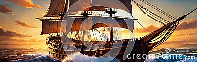 a sailing ship has trimmed its masts and sails for long journeys Stock Photo