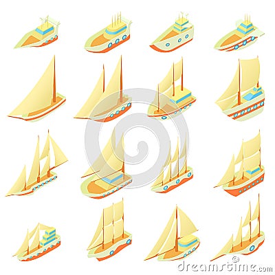 Sailing ship icons set, cartoon style Vector Illustration