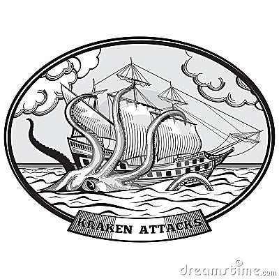 Sailing ship and Kraken monster octopus vector Vector Illustration