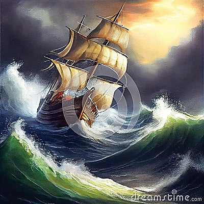 Sailing ship in the ocean on a storm, seascape with a sailboat, printable oil painting Stock Photo