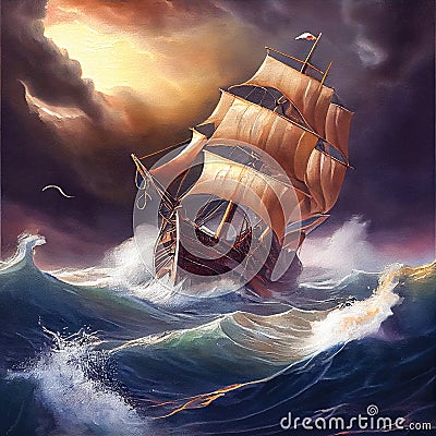 Sailing ship in the ocean on a storm, seascape with a sailboat, printable oil painting Stock Photo