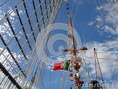 Sailing ship school Sagres. Sail mast seen from below Stock Photo