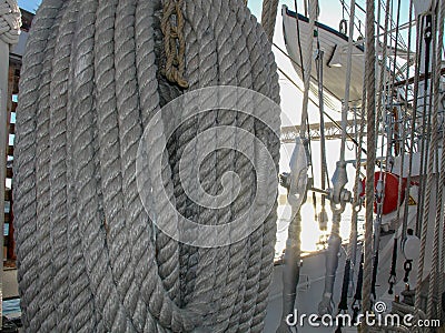 Sailing ship school Sagres. Vessel interior, mooring ropes on deck Stock Photo