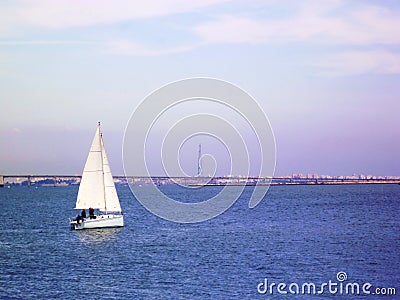 Sailing ship in the sea off the coast of Cadiz capital, Andalusia. Spain. Stock Photo