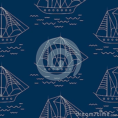 Sailing ship seamless outline vector pattern in doodle style. Vector Illustration