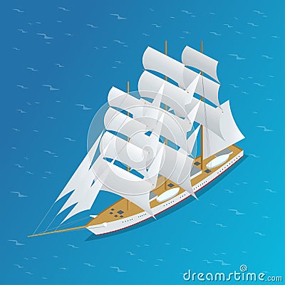 Sailing ship. Snow-white sails of the ship. Flat 3d isometric vector illustration. Vector Illustration