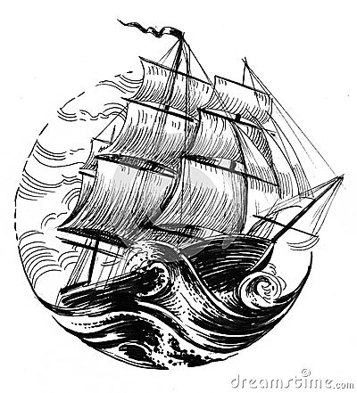 Sailing ship in stormy sea Cartoon Illustration