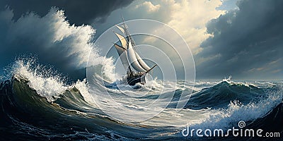 Sailing ship in a stormy sea, Watercolor, Ai generative Stock Photo