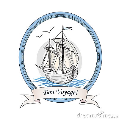 Sailing ship. Summer holiday Bon Voyage card. Sail boat transpor Stock Photo