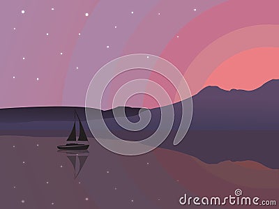 Sailing ship sunset sunrise sky stars Vector Illustration