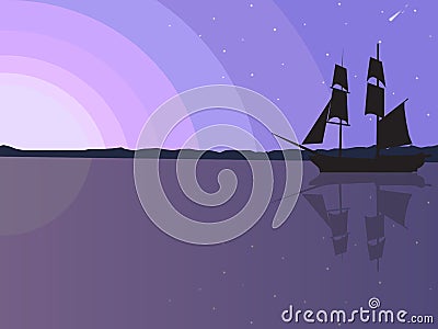 Sailing ship sunset sunrise sky stars Vector Illustration