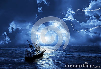 Sailing-ship in time of storm Stock Photo