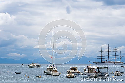 Sailing ship, yachts, fishing boats, and boats in Amalfi Harbor Marina Coppola, Amalfi Port, province of Salerno, the region of Ca Stock Photo