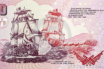 Sailing ships in the Battle of the Vuelta de Obligado on the Parana River Stock Photo