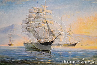 Sailing ships in bay, oil painting on canvas Stock Photo