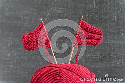 Sailing ships made from red yarn and knitting needles Stock Photo
