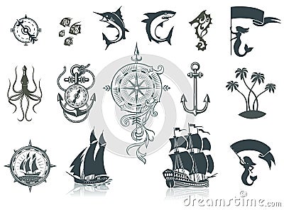 Sailing Ships Silhouettes And Marine Emblems Vector Illustration