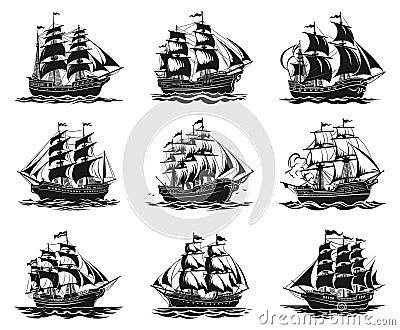 Sailing ships silhouettes. Old sail boats black on white, vintage pirates frigate schooner brigantine retro sailboats Vector Illustration