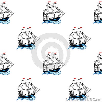 Sailing ships with white sails and red flags Vector Illustration