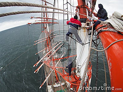 Sailing on tallship or sailboat, view from aloft Editorial Stock Photo
