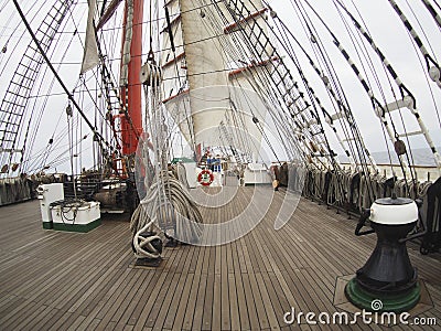 Sailing on tallship or sailboat, view from deck Stock Photo