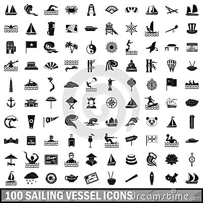 100 sailing vessel icons set, simple style Vector Illustration