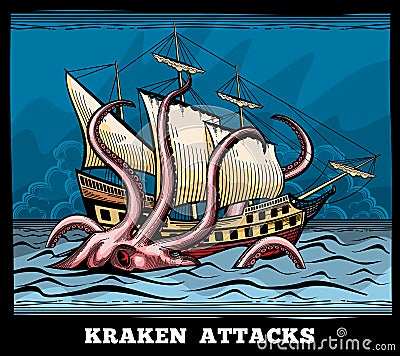 Sailing vessel and Kraken monster octopus vector logo in cartoon style Vector Illustration