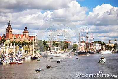 Sailing vessels anchored at Chrobry Embankment during Final of The Tall Ships Races 2017. Editorial Stock Photo