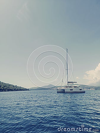 Sailing Yacht Catamaran in the Tropical Sea, Yachting, Luxury Sailing Stock Photo