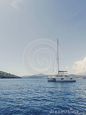 Sailing Yacht Catamaran in the Tropical Sea, Yachting, Luxury Sailing Stock Photo
