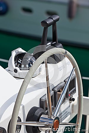 Sailing yacht control wheel and implement Stock Photo