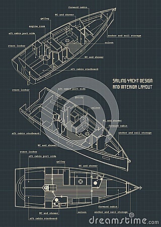 Sailing yacht design and interior layout Vector Illustration