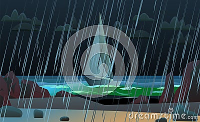 Sailing yacht near night rocky sea beach in rain. Landscape with rain weather. Jets of water pour from sky. Cartoon fun Vector Illustration