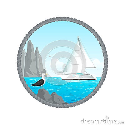 Sailing yacht sails by the rocky shore Vector Illustration