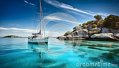 Sailing yacht or sailing ship near a small island with shallow turquoise transparent sea water beautiful underwater Coral reefs. Stock Photo