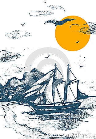 Sailing yacht silhouette sketch vector of sea yachts. Sailing-ship hand drawn illustration. Regatta racing in the sea Vector Illustration