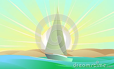 Sailing yacht white. Sand near shore. Morning sunrise with rays. Shore of sand beach of sea bay. Sunset on horizon Vector Illustration