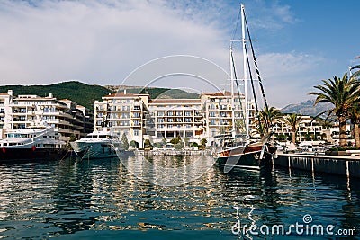 Sailing yachts at the marina of the Regent Hotel in Porto. Montenegro Stock Photo